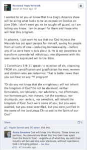 Restored Hope Network - Facebook post about Lisa Ling